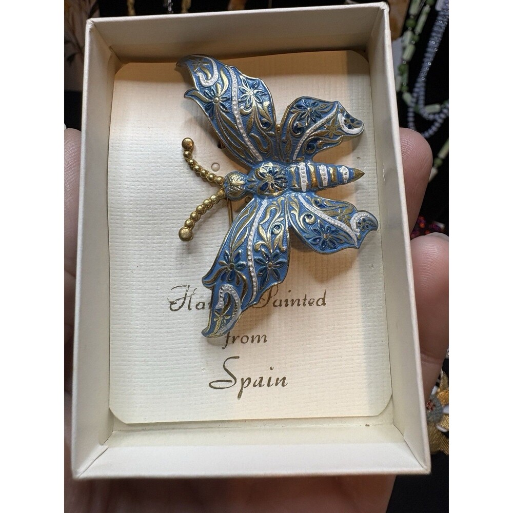 Vintage Spain Hand Painted Enamel Butterfly Brooch Blue Gold Original Box
